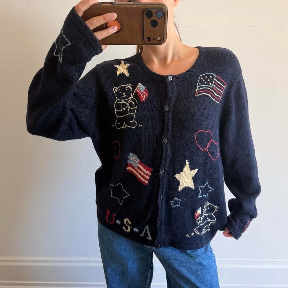 Vintage Y2K Christopher & Banks Hand Embroidered navy blue USA knit cardigan